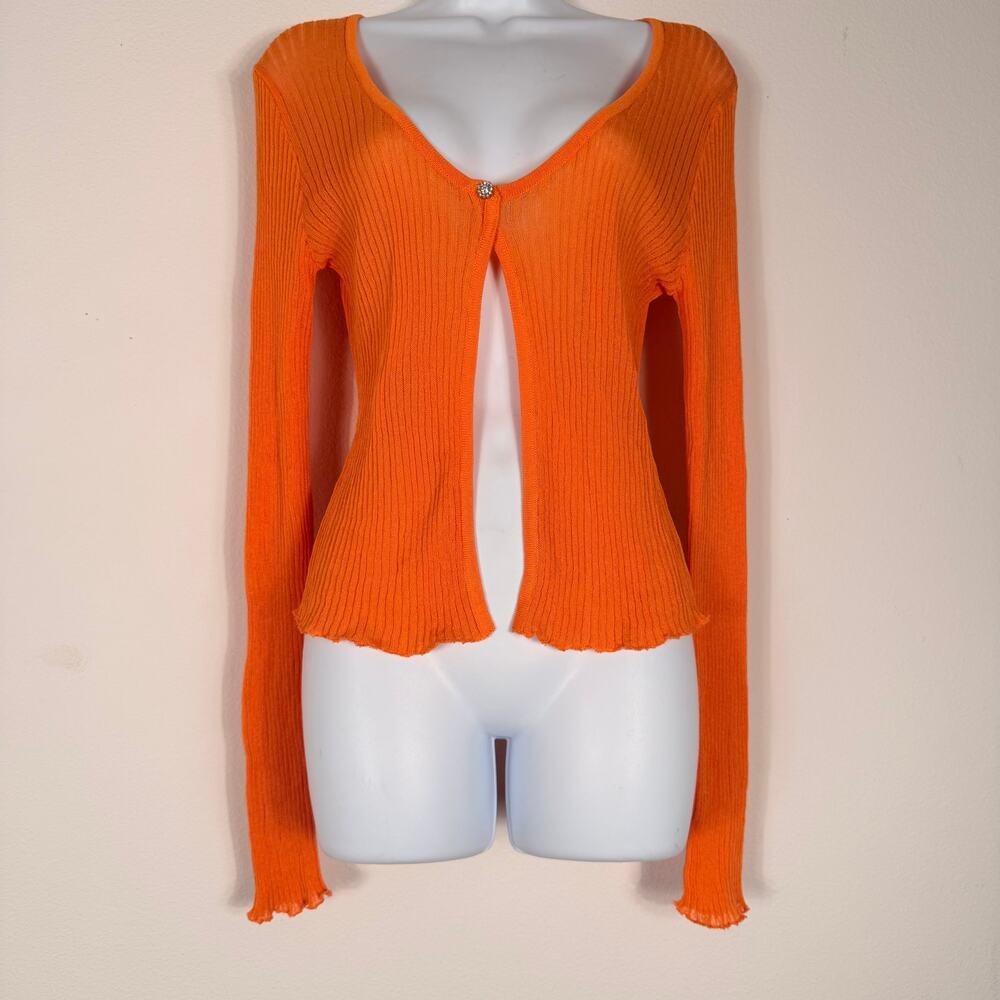 Zara Orange Y2K Ribbed Knit Rhinestone Button Cardigan Size M